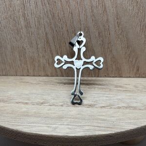 Heart Detail Cross Pendant Necklace - Silver Stainless Steel